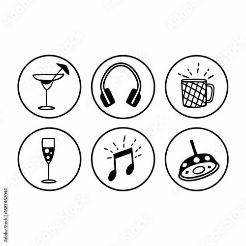 Collection of party icons in circles, including drinks and music