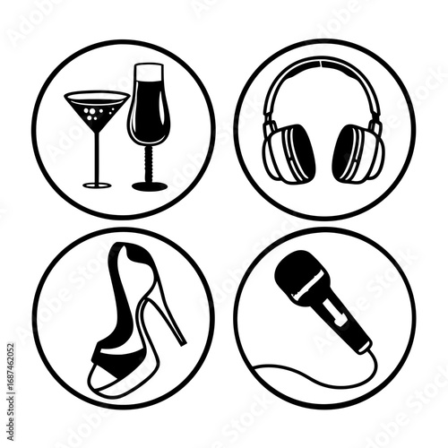 Party icons set, including cocktail, wine, headphones, shoe, and microphone