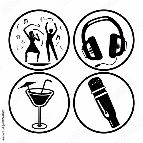 Collection of party icons in circles, including music and cocktails