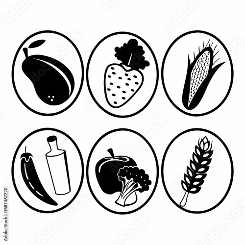 Illustration of various fruits and vegetables in circles