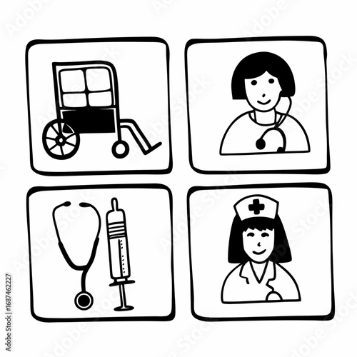 Medical doodle icon set with nurse, medicine, syringe and stethoscope