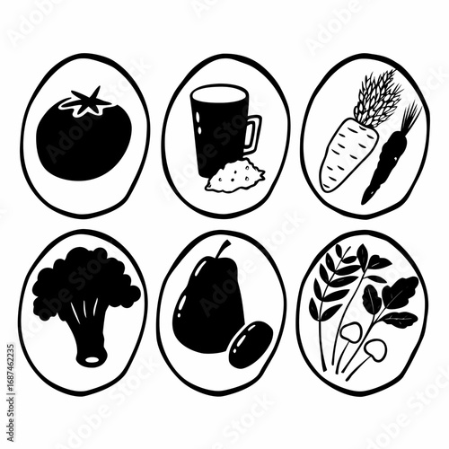 Illustration of tomato, drink, carrot, broccoli, pear and mushroom