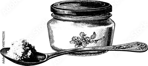 Engraved illustration of kefir jar with wooden spoon, vintage sketch hand drawn design.
