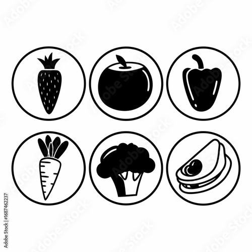 Illustration of various fruits and vegetables in circles