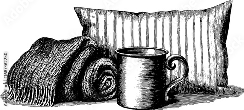 Cozy winter essentials: knitted blanket, pillow, and mug engraved illustration set