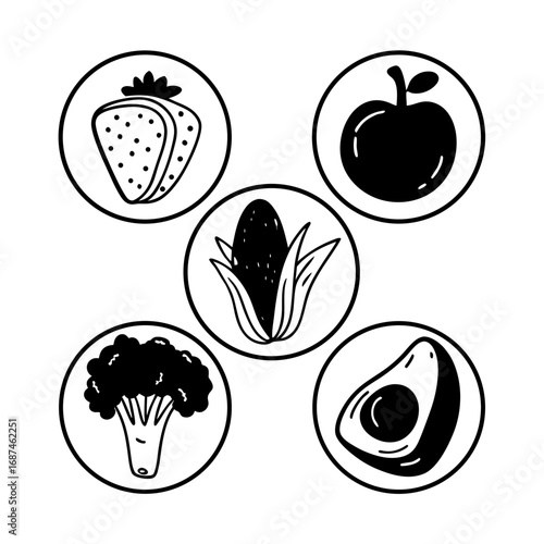 Illustration of strawberry, apple, corn, broccoli and avocado