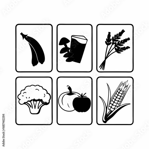 Illustration of various food items including fruits, vegetables, and grains