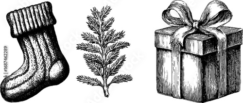 Christmas knitted stocking with gift box and evergreen branch, engraved illustration set.
