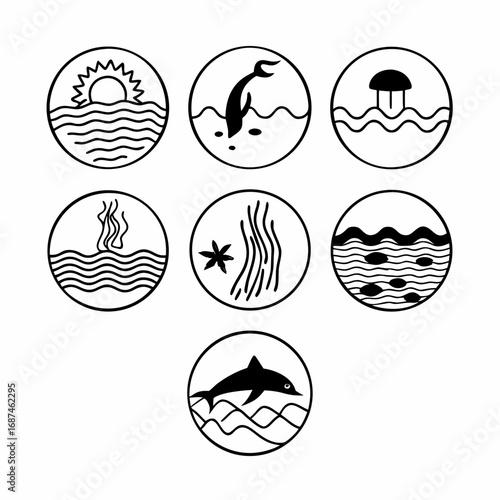 Collection of marine life symbols including sun, wave, dolphin, jellyfish, and starfish