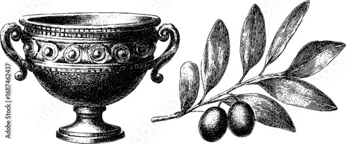 Vintage engraved illustration set of krater vessel and olive branch for retro design