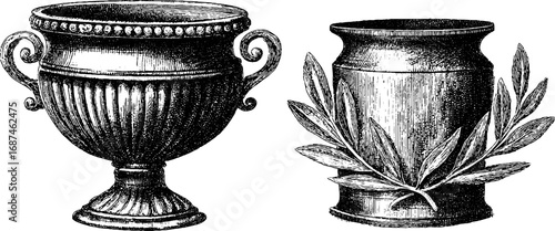 Vintage engraved illustration set of krater vessels with classic ornamentation for retro design
