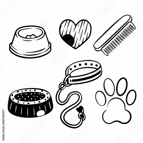 Collection of pet accessories, including bowl, brush, leash and paw print