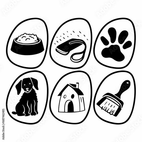 Illustration of dog care icons, including food, leash, paw print, house, and brush