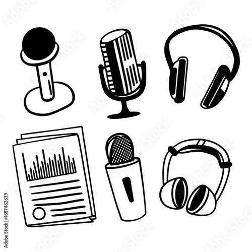 Hand drawn doodle set of podcasting equipment vector illustration