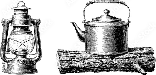 Vintage engraved illustration set of lantern and kettle for retro design projects