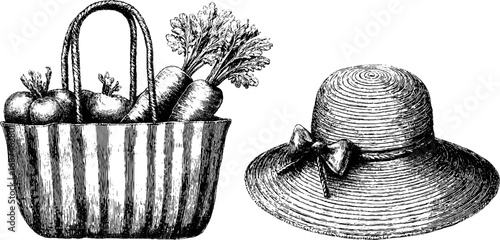 Vintage engraved illustration set of linen tote bag and straw hat for retro fashion design