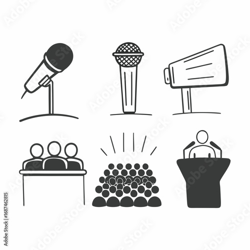 Illustration of microphones, megaphones, speakers, and audiences