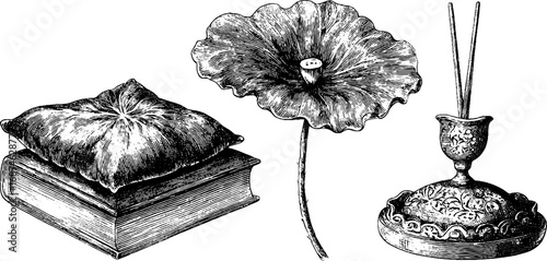 Vintage engraved set featuring lotus flower, book, and incense holder for retro design