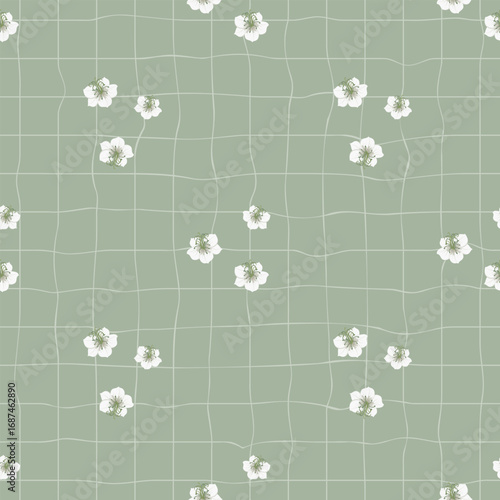 Seamless pattern with cute small white flowers on a green checkered background. Summer repeating  pattern.