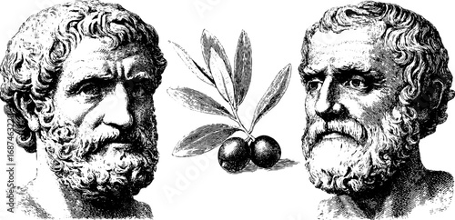 Vintage engraved illustration set of marble busts and fig leaves for retro design