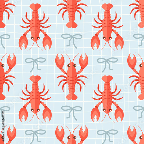 Lobster and bows seamless pattern. Summer repeating seafood pattern. Mediterranean coastal design background.