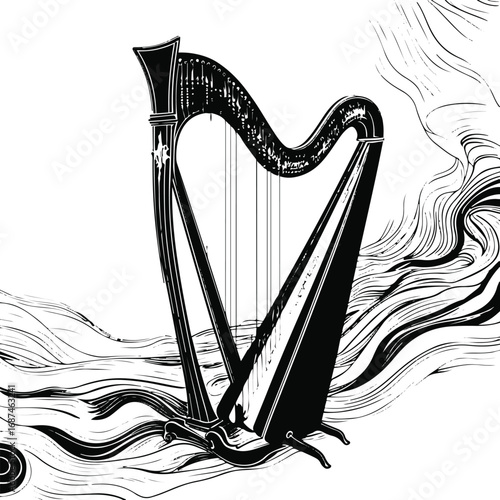 Black and white surreal line art of a harp where the strings transform into flowing rivers, minimal doodle clean vector