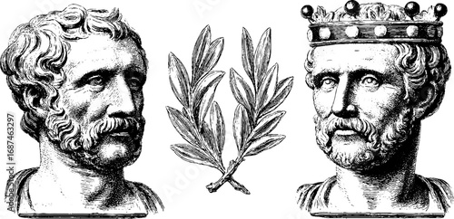 Engraved illustration of marble bust with olive, vintage sketch hand drawn engraving design.
