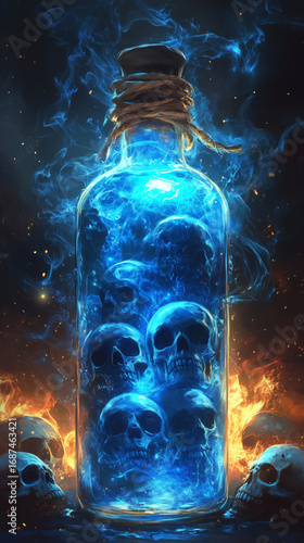 Wallpaper Mural Mysterious bottle filled with glowing blue liquid and skulls surrounded by flames in a dark, starry setting Torontodigital.ca