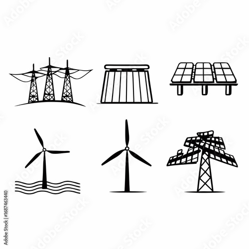 Renewable energy sources icons, including solar, wind, hydro, and geothermal