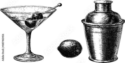 Vintage engraved martini glass and cocktail shaker set for classic bar design
