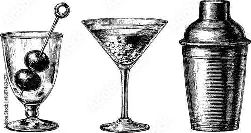 Vintage cocktail glasses and shaker engraving set for bar decor and design