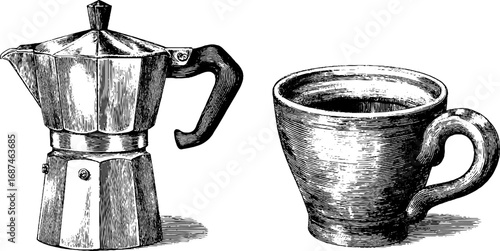 Vintage engraved set of moka pot and coffee mug for kitchen decor and cafe design