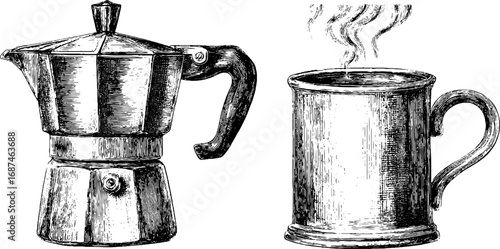 Vintage engraved illustration set of moka pot and mug for coffee enthusiasts