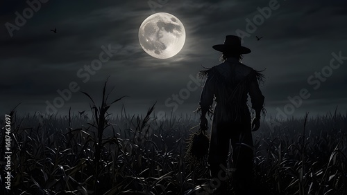 A spooky scarecrow silhouetted against a giant full moon in a creepy cornfield on a dark Halloween night. Horror movie concept