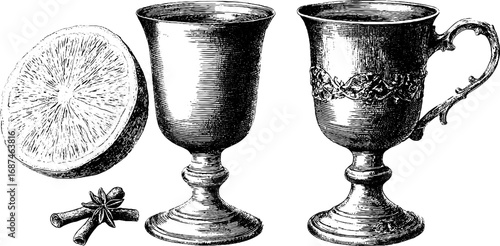 Vintage engraved illustration set of mulled wine glass and citrus slice for holiday design