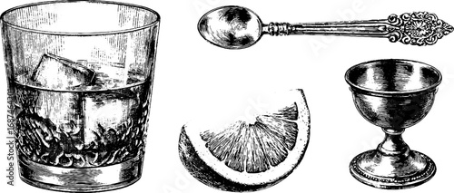 Vintage engraved set of negroni glass, spoon, citrus slice, and goblet for retro bar design