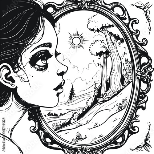 Black and white surreal line drawing of a person looking into a mirror that shows another fantasy world, minimal doodle vector illustration
