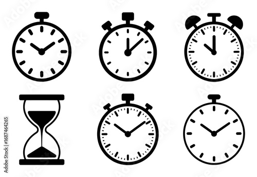 Collection of Timekeeping Icons: Clocks, Stopwatches, and Hourglass