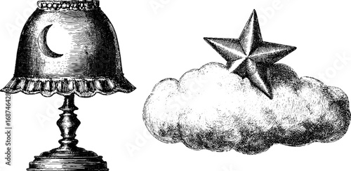 Vintage engraving set of night lamp with moon and star on cloud