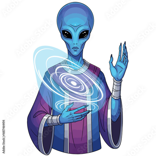 An alien storyteller with large black eyes, wearing a purple robe and generating a magical swirling light sphere, a vector illustration with a futuristic concept