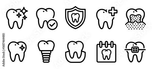 Dental Health Icons: Cleanliness, Protection, Implants, Braces, and More