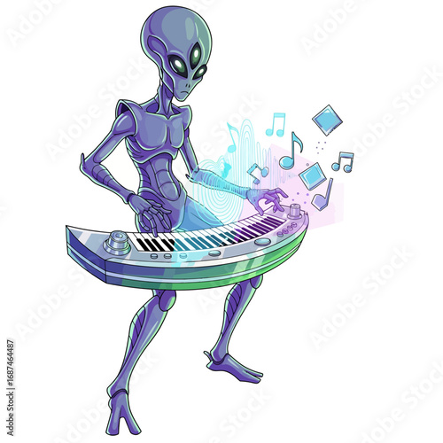 Alien musician playing futuristic keyboard on a white background with floating music notes, a vector illustration in a synthwave style