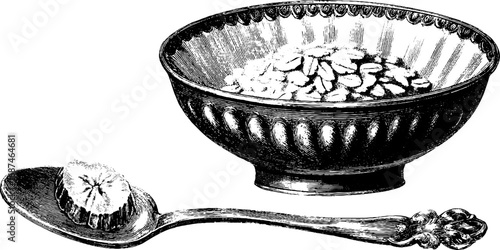 Vintage engraved illustration of oatmeal bowl and spoon set for retro design