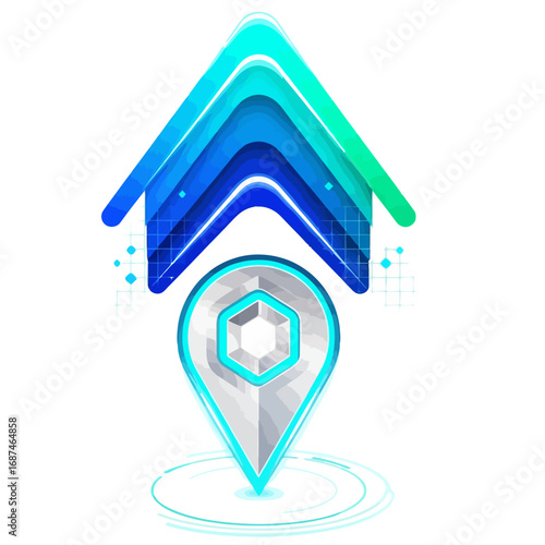AR navigation symbols vector illustration of a location pin and an arrow pointing up, representing futuristic augmented reality navigation and wayfinding