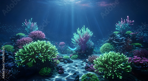 Wallpaper Mural Vibrant coral reef teeming with colorful marine life, illuminated by ethereal sunbeams filtering through the clear blue ocean water, showcasing biodiversity and underwater beauty Torontodigital.ca