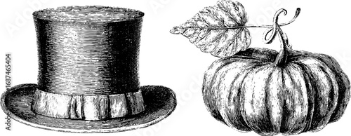 Engraved vintage illustration of pilgrim hat and pumpkin for thanksgiving design