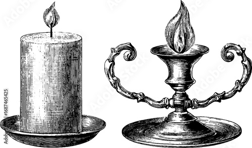 Vintage engraved illustration set of pillar candle and holder for design