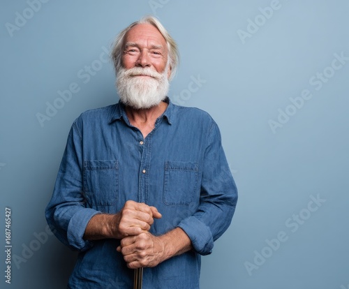 A smiling senior man, wearing a denim shirt, holds a walking cane, against a light blue backdrop.
