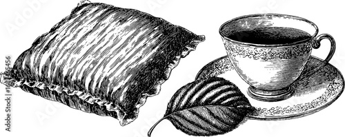 Vintage engraved illustration set of pillow, tea cup, and leaf for design and decor