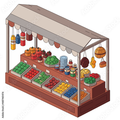 Isometric cultural street market stall with various food and spices, a vector illustration of a traditional marketplace